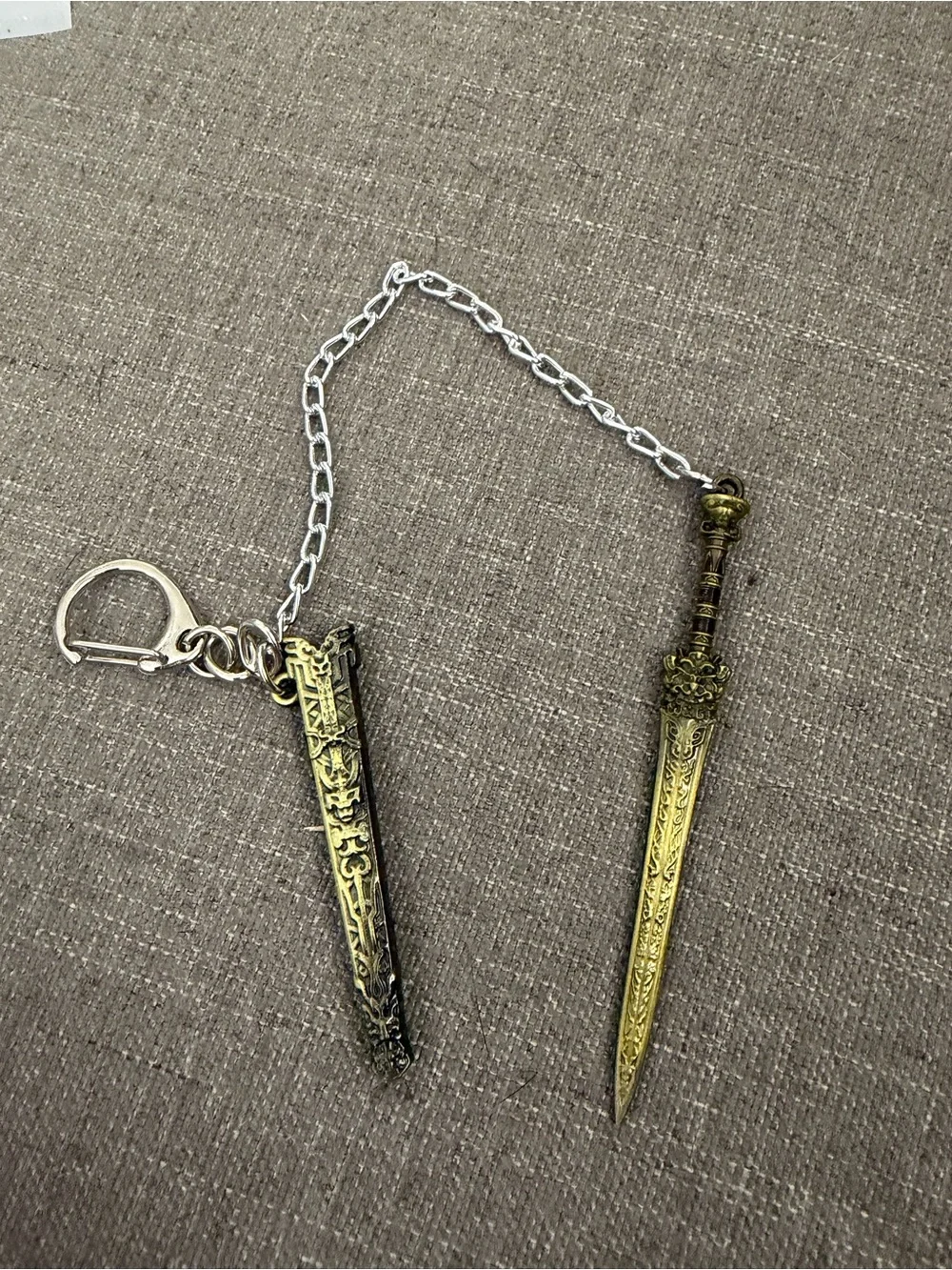 Ornate Mini Sword & Sheath Keychain Antique Gold Medieval Fantasy